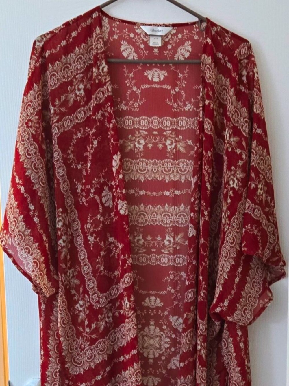 CJ Banks Women’s Red/Beige Floral Open Front Kimono 3/4 Slv Polyester 1X